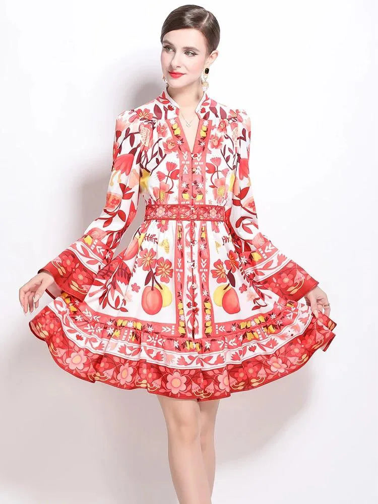 Women Holiday V Neck Flare Sleeve Single Breasted A Line Dresses Autumn Gorgeous Flower Print High Waist Beach Floral Vestidos