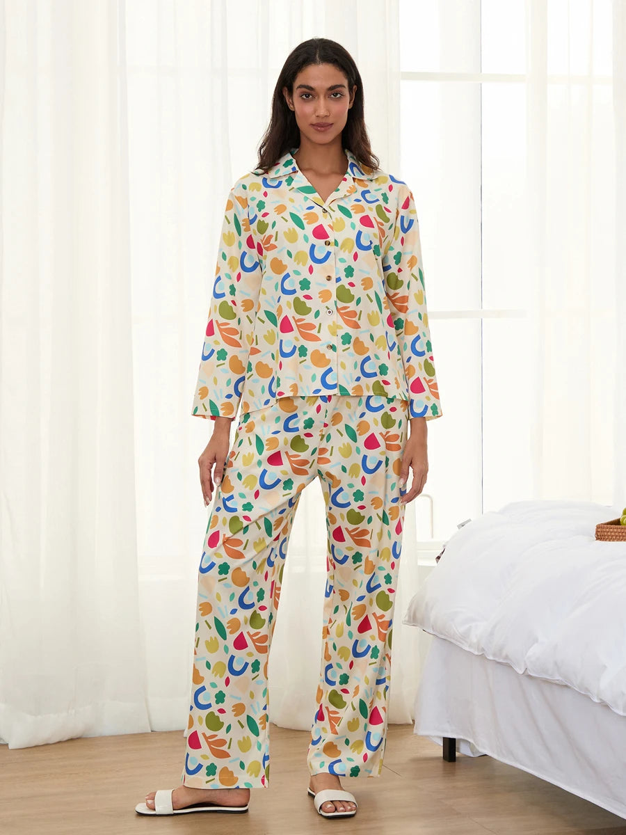 Women Pajamas Set 2 Pieces Loungewear Suits Fashion Print Button up Long Sleeve Tops and Elastic Pants Sleepwear Outfits Pjs
