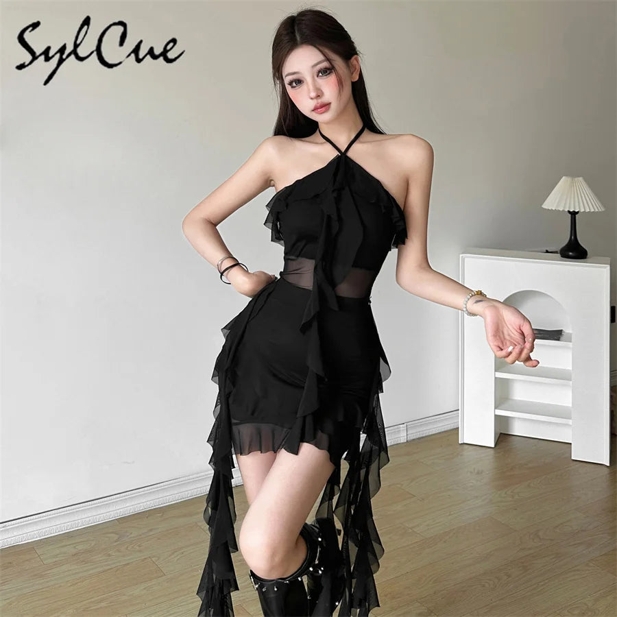 Sylcue 2024 Spring New Sweet Gentle Sexy Mature Beautiful Elegant Party Queen Women'S Short Neck Ruffled Tassel Dress