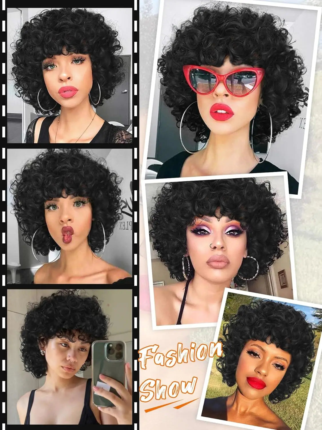 Curly Wigs for Black Women Short Kinky Curly Black Wigs for Women Big Curly Afro Soft Wig with Bangs Heat Resistant Natural Cute