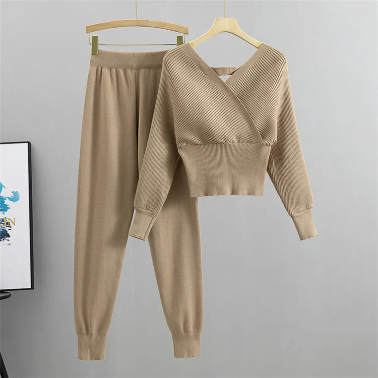 2 Piece Sets Women Knitting Outfits V Neck Pullover Sweater Pockets Drawstring Pencil Pants Slim Fit Suit Casual Knit Ensemble