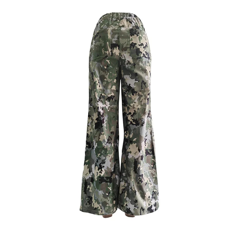 FAGADOER Fashion Camouflage Straight Pants Women Buttons High Waist Cargo Pocket Patchwork Wide Leg Trousers Y2K Streetwear New