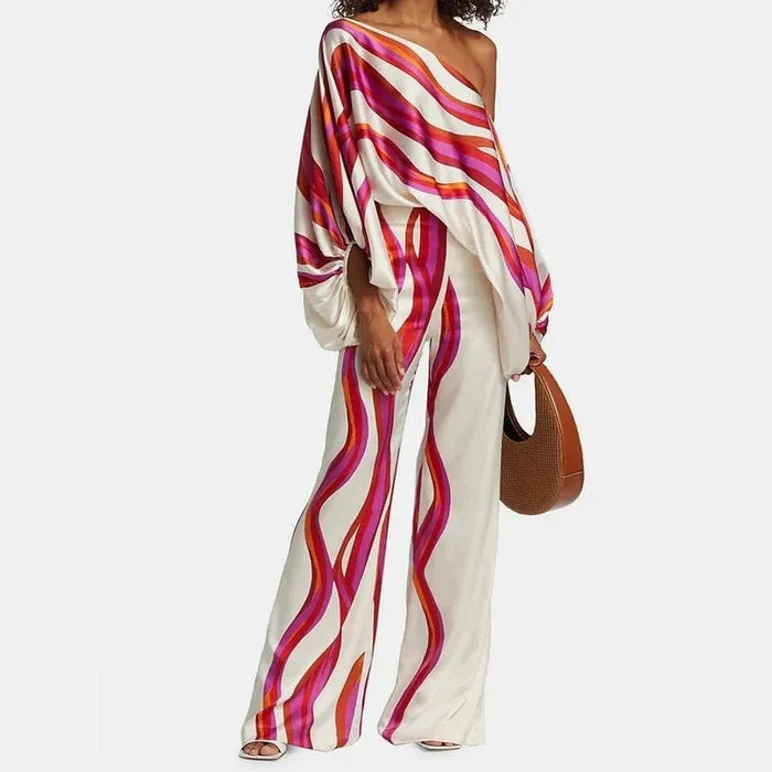 CM.YAYA Women Set Full Batwing Sleeve Slash Neck print Top + Wide Leg Pants Summer Street Two 2 Piece Sets Sexy Outfit Tracksuit