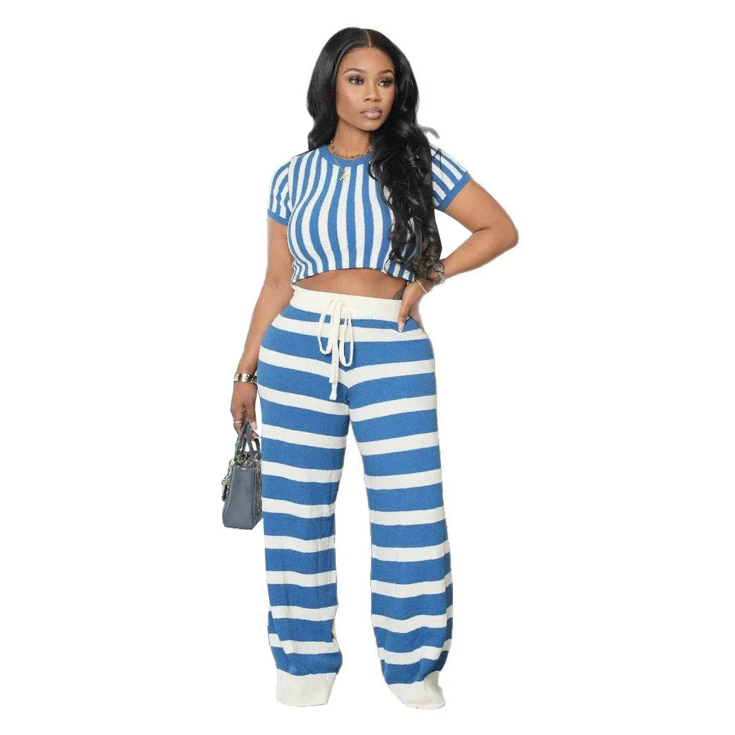 CM.YAYA Women's Set Short Sleeve Striped T-shirt + Wide Leg Pants Active Fitness Streetwear Two 2 Piece Sets Outfits Tracksuit