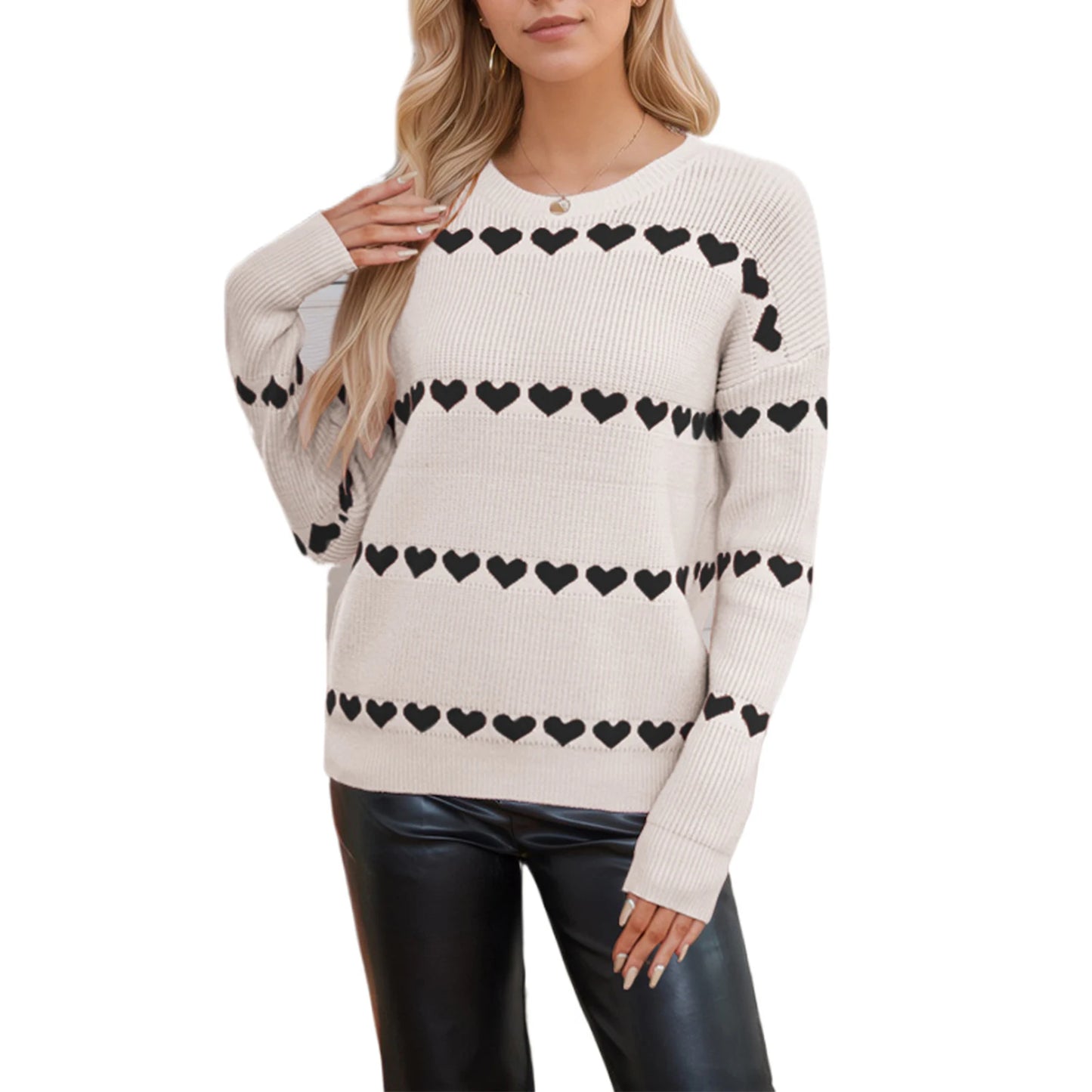 Women Valentine's Day Knit Sweater Heart Print Long Sleeve Round Neck Pullovers Fall Winter Casual Loose Knitted Jumpers Tops