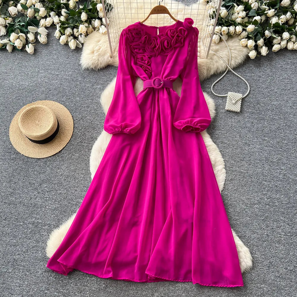 Floral Lace V Neck Long Sleeve A Line Midi Dress for Women