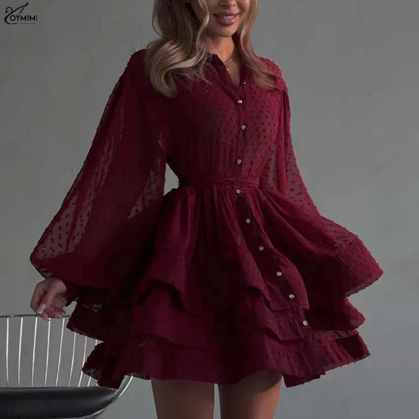 Oymimi Elegant Red Lapel Dresses 2025 Woman Casual Long Sleeve Single Breasted Dresses Fashion High Waisted Ruffled Mini Dress