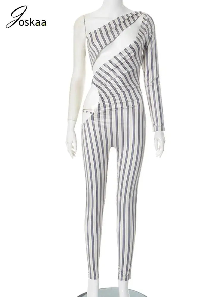 Joskaa Striped Print Cutout Jumpsuits Women Hipster Sexy Oblique Shoulder Backless Skinny One Piece Rompers Midnight Clubwear
