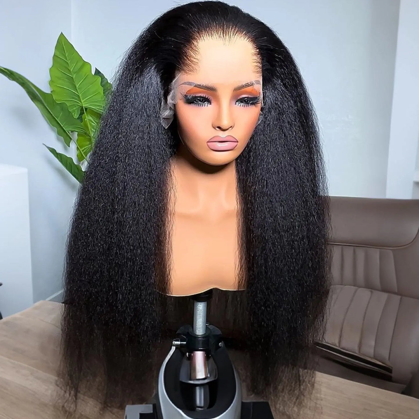 Yaki Kinky Straight Soft Black Color Synthetic 13X4X1 HD Lace Frontal Wig For Women Prepucked With Baby Hair Glueless Wig Party