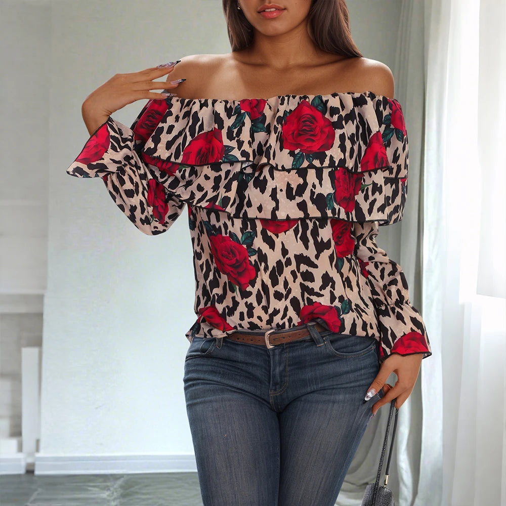 Women's Sexy Leopard Floral Printed Slash Neck Chiffon Blouse Autumn Spring Ladies Ruffle Casual Holiday Tops Size S-2XL
