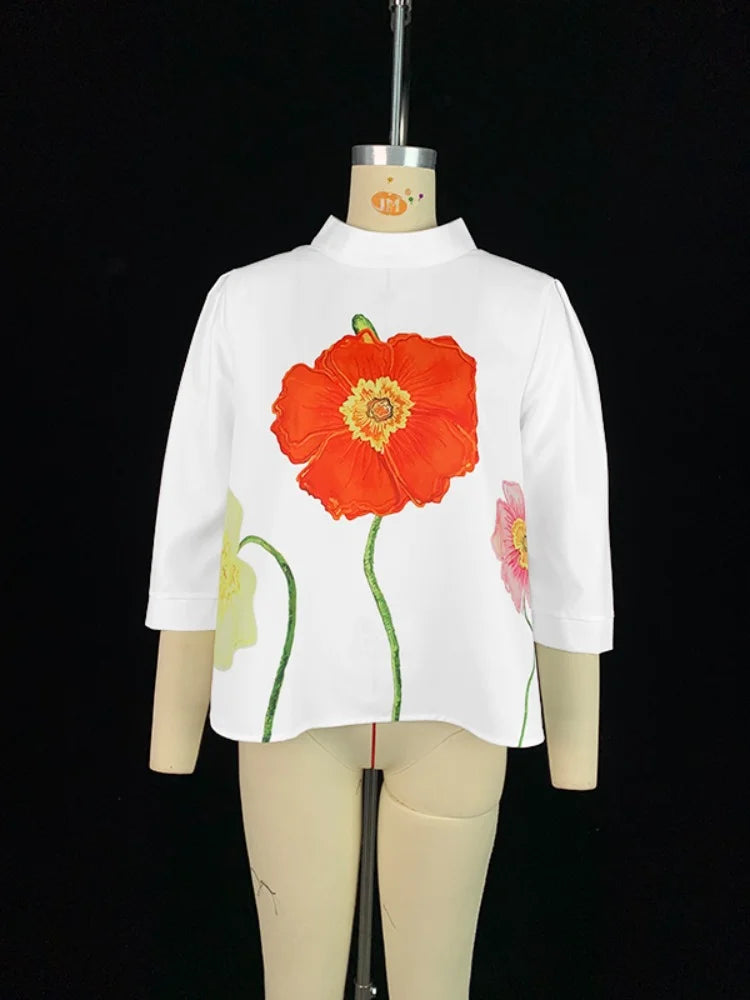 2025 Flower Printed T-shirt for Women Stand Collar Three-quarter Sleeves Loose Fit Shirt Top Summer Casual Blouse