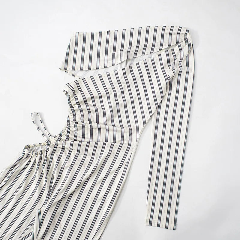 Joskaa Striped Print Cutout Jumpsuits Women Hipster Sexy Oblique Shoulder Backless Skinny One Piece Rompers Midnight Clubwear