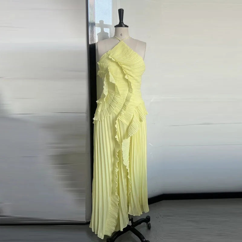 Chic Pleated Halter Neck Long Vacation Dress High Quality Purple Strapless Lotus Edge Maxi Dress 2025 New Lady Vacation Gown