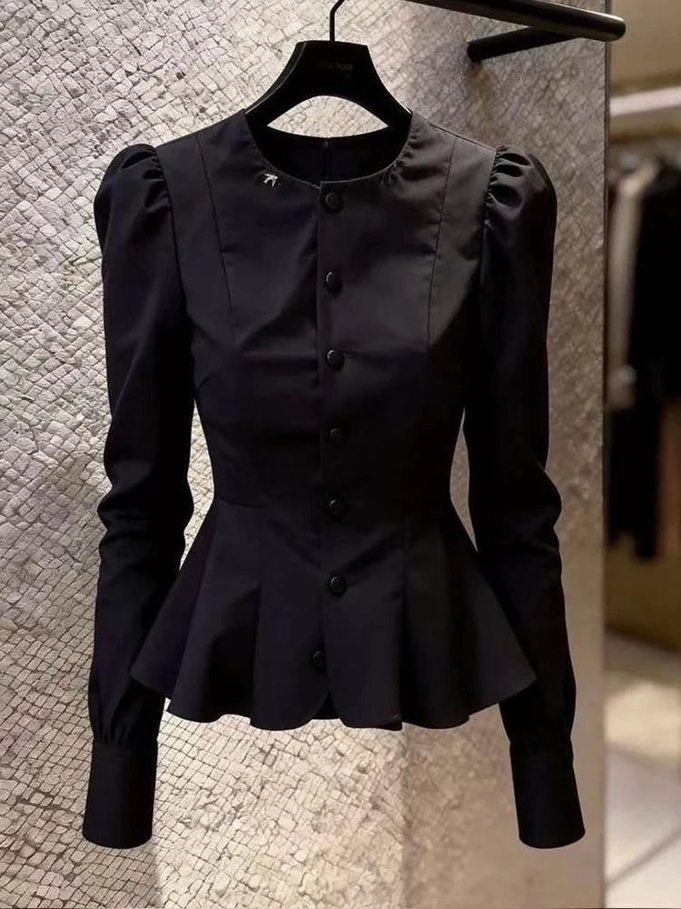 Classic Black Chiffon Round Neck Casual Shirt For Women