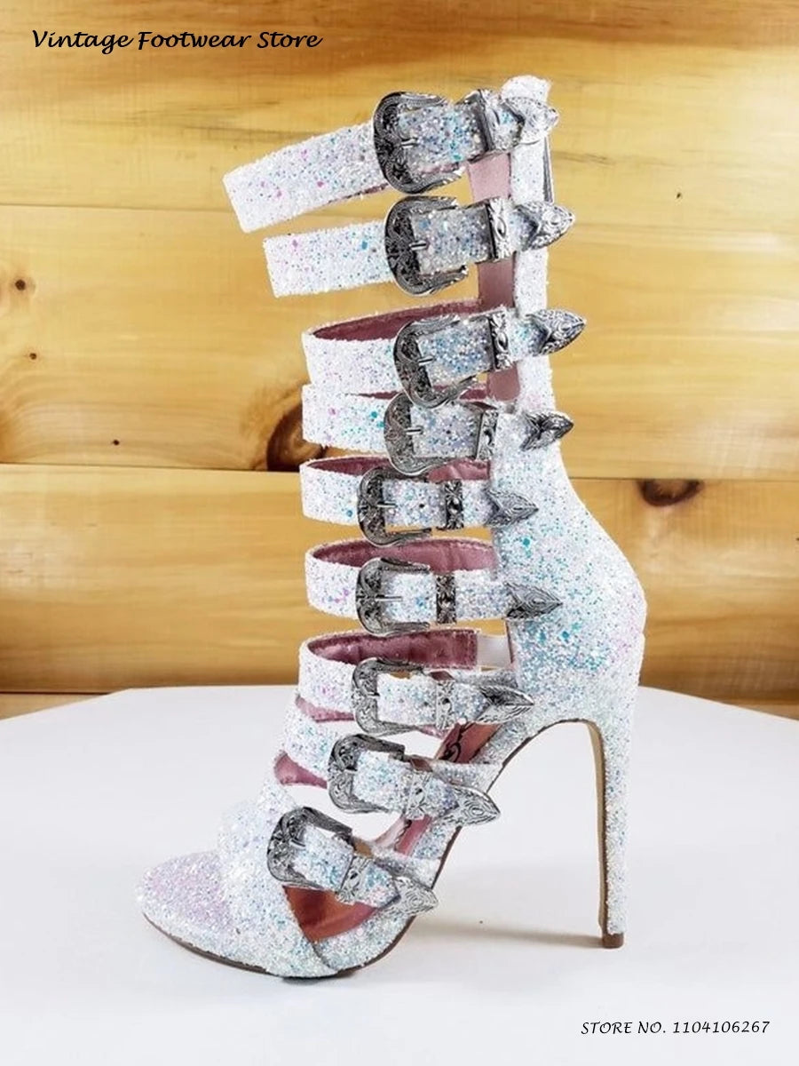 Glittering Sequined Open Toe Thin Heel Sandals for Women