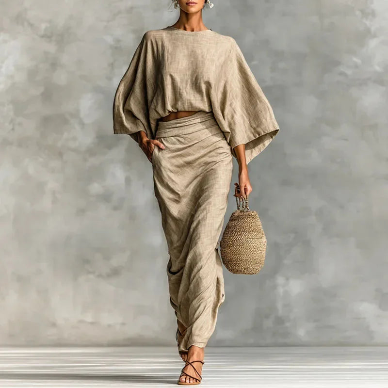 Retro Solid Cotton Linen Woman Clothing Elegant Crew Neck Batwing Sleeve Top Pullovers And Pleated Skirts Suit Autumn Outfit Set