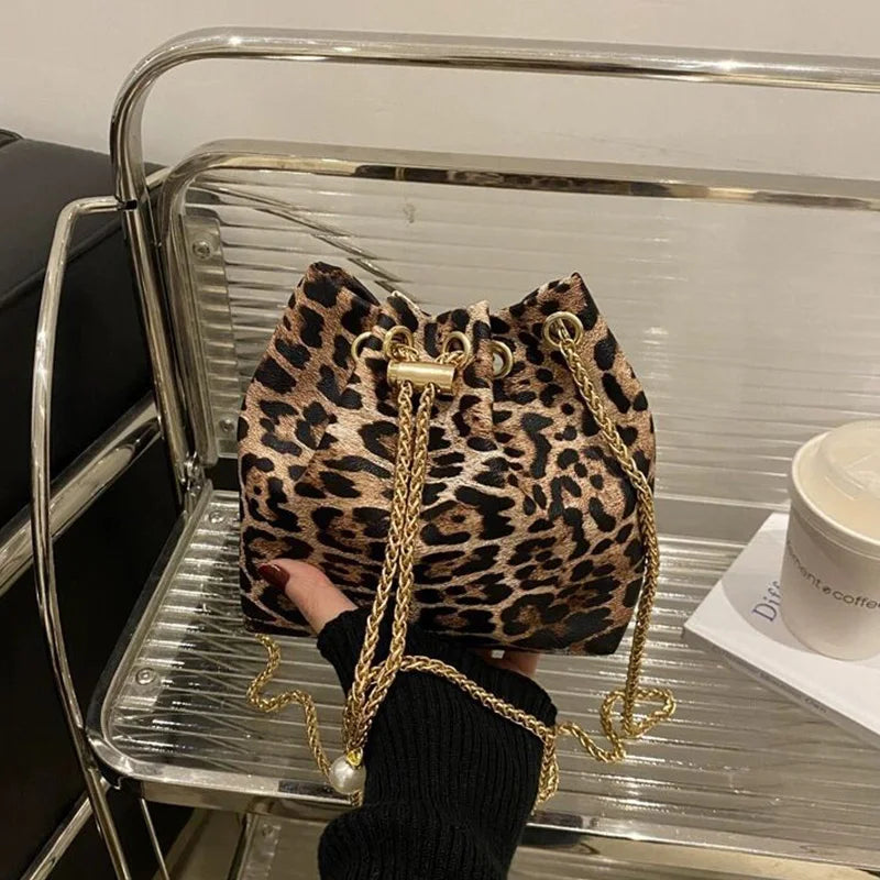 New Leopard Print Bag Fashion Cow Pattern Drawstring Bucket Bag Texture Brand Design Crossbody Bag Lady Versatile Storage Bag