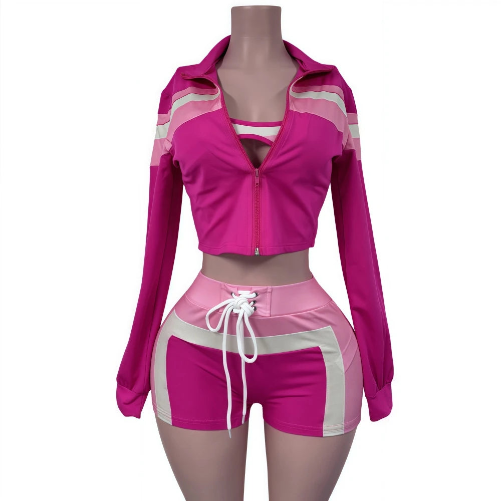FAGADOER Sexy Sport 3 Pieces Set for Woman Color Block Long Sleeves Jacket + Tanks Top and Shorts Matching Female Beach Swimsuit