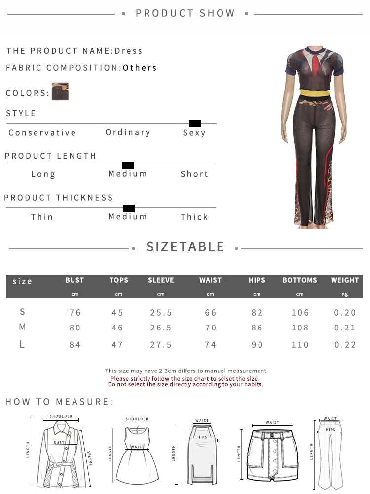 Weird Puss Sexy Women 2 Piece Set See Through Leopard Print Shorts Sleeve Crop Tops+Flare Pants Matching Clubwear Skinny Outfits