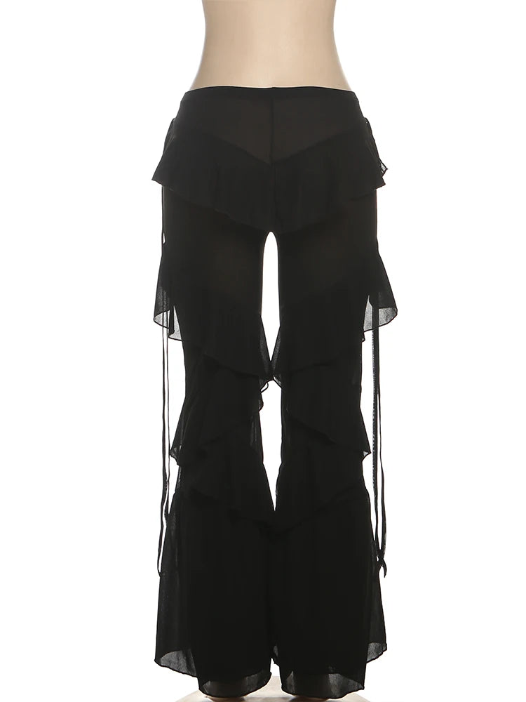 Weird Puss Irregular Tierred Flare Pants Women Y2K Patchwork See Through Summer Hipster Wild Basic Street Trend Classic Trousers