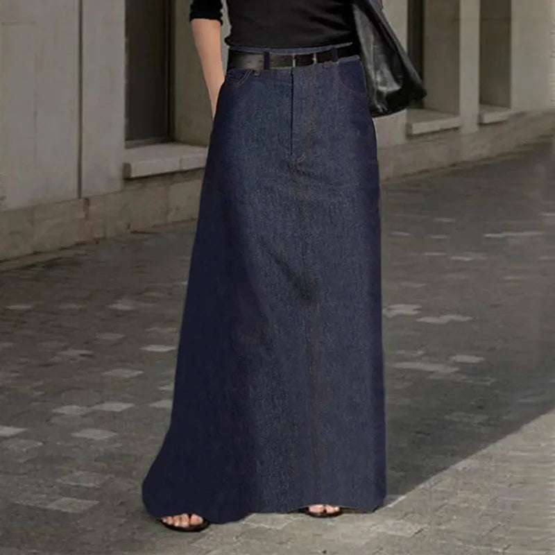 2025 New Fashion Imitation Denim H-Line High Waist Skirts Spring Summer Loose Solid Color Pockets Maxi Skirt For Women