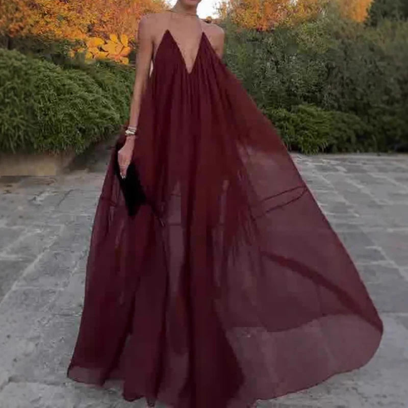 Sexy Women's Backless Wedding Guest Dress 2025 Summer Vacation Solid Color Long Dress Casual Low Cut V-neck Pleated Party Dress