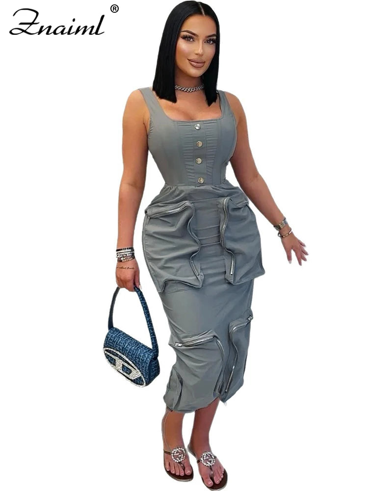 Znaiml Mult Pockets Patchwork Bodycon Mid Dress Woman Sleeveless Backless Zip Gray Cargo Dresses Birthday Club Party Vestidos