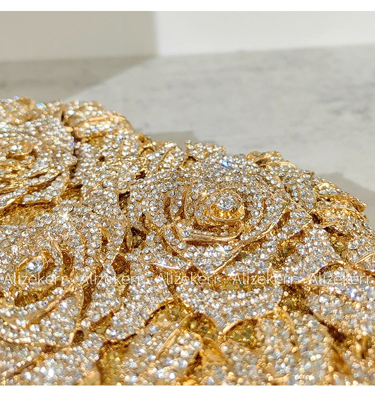 Alizekerr Rose Crystal Evening Clutch Bags Women New Luxury Boutique Sparkling Diamond Flower Purses And Handbags Wedding Party