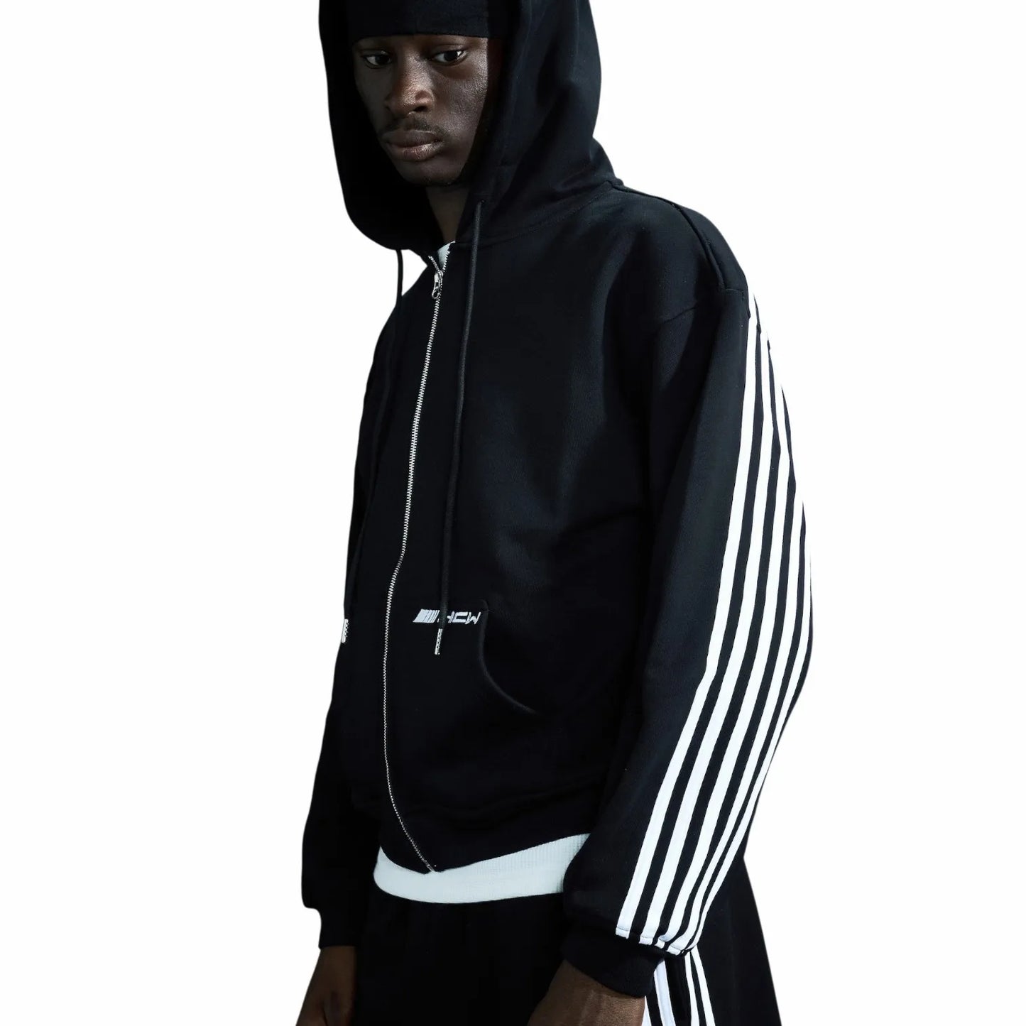 American HCW Retro Striped Zipper Hoodie Y2K Clothes Mens Womens Hip-hop Letter Embroidery Black Oversized Sweatshirt Jacket
