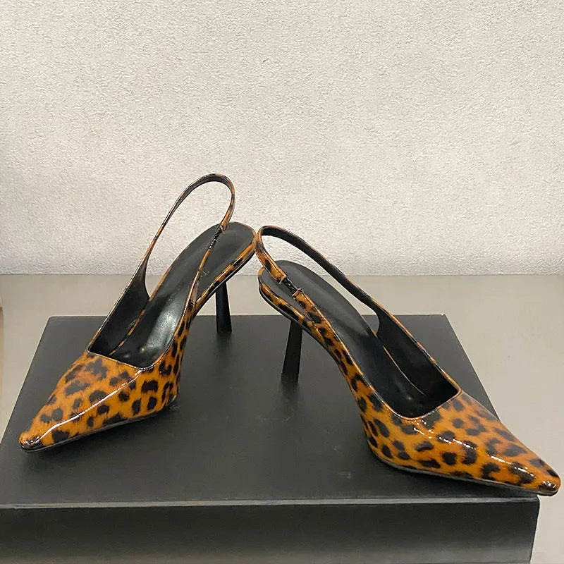 Fashion Pointed Toe Ladies High Heels Sandals Shoes Female Slip On Footwear Leopard Print Women Heeled Sandals Shoes Pumps