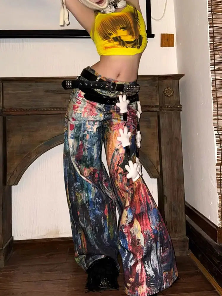 Messy Layered Design Sense Watercolor Ink Splash 3D Color Printed Jeans Women Loose Comfortable Street Versatile Wide-leg Pants