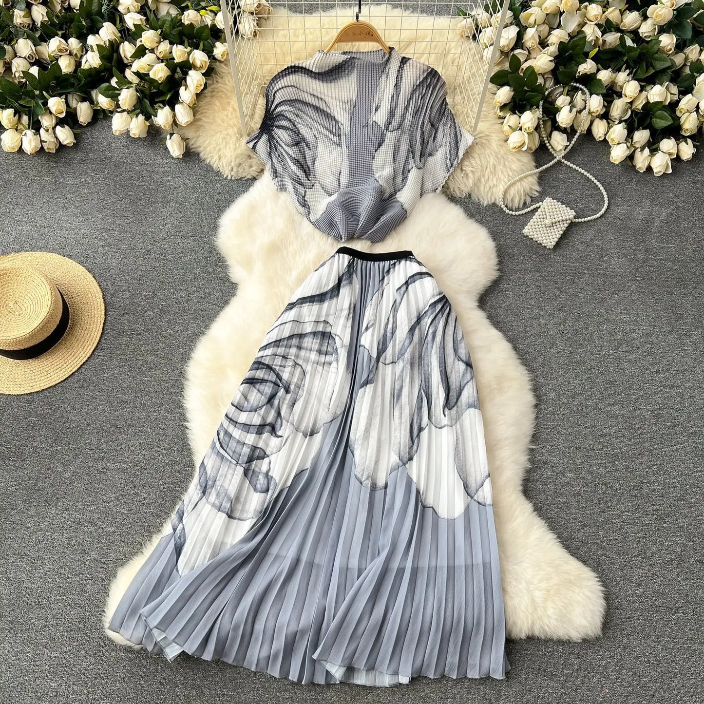 Summer Contrast Color Miyake 2 Pieces Set Women's Short Sleeve High Stretch Pullover Shirt Top+Long Pleated Chiffon Skirt Suit