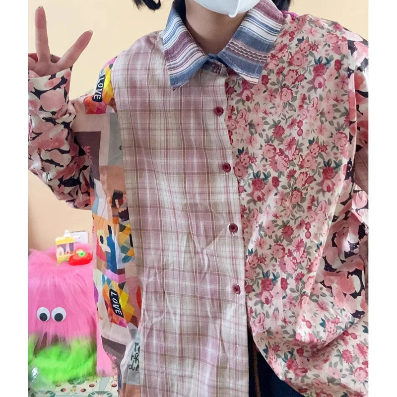 Japanese retro stitching printed long-sleeved shirt female autumn fashion design sense niche loose slim Joker temperament shirt