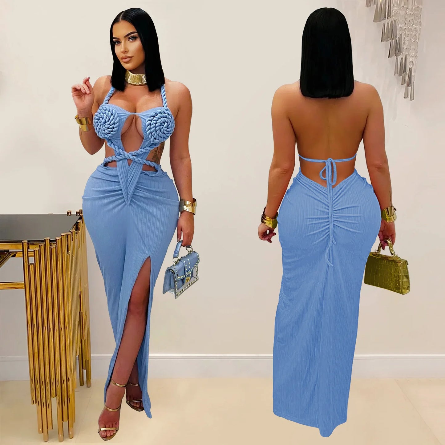 Joskaa Women's 2025 Summer Knit Halter Dress Sexy Hollow Backless Slit Bodycon Maxi Dresses Holiday Party Club Beachwear S-XXL