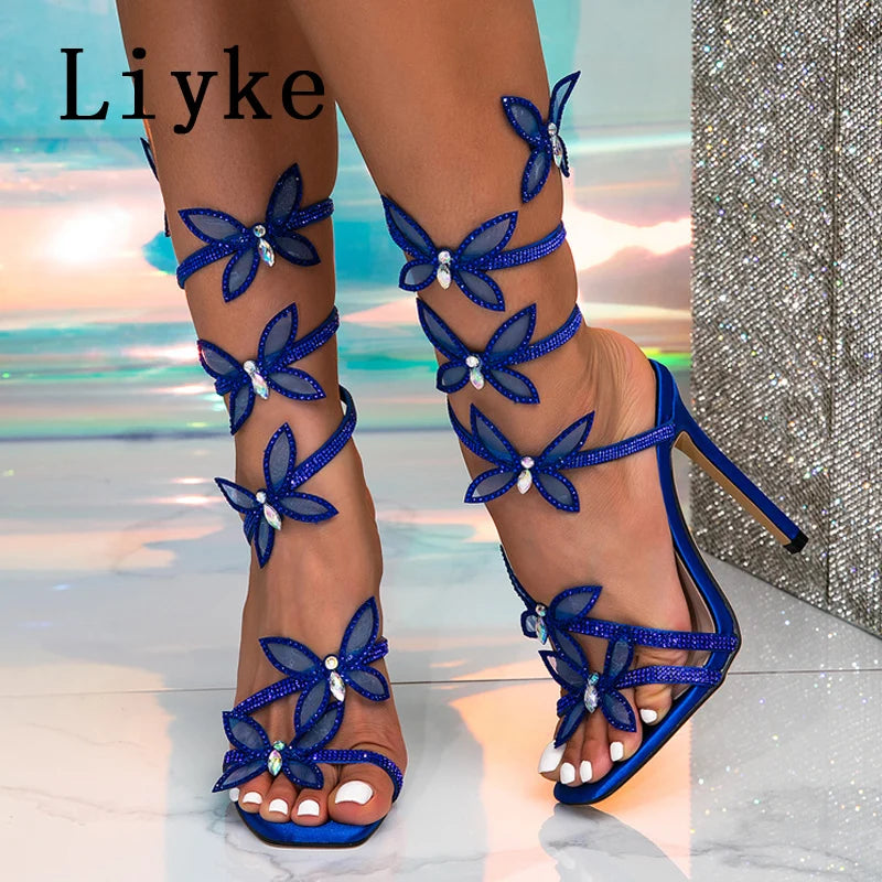 Glitter Rhinestones Square Toe Butterfly Sandals for Women