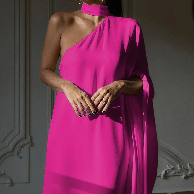 Elegant Halter One-Shoulder Loose Party Dress Lady Solid Color Temperament Banquet Maxi Dress 2023 Casual Women Fashion Vestido