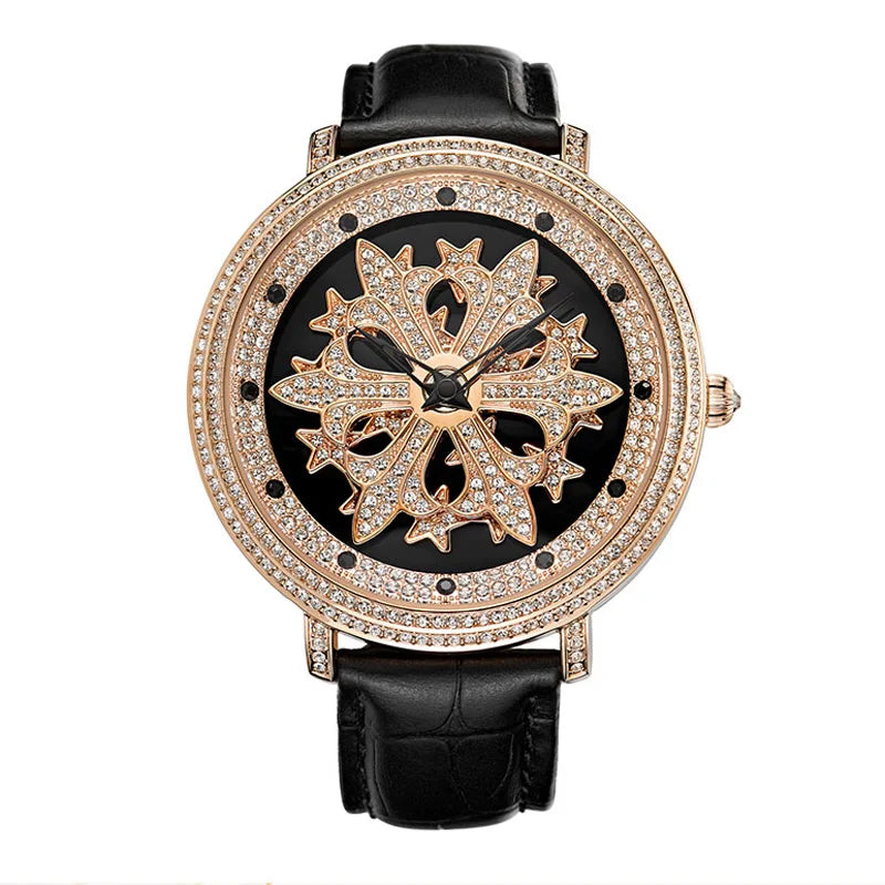 Luxury Davena Spin Snow Flower Women's Watch Japan Mov't Crystal Lady Hours Fine Fashion Real Leather Bracelet Girl's Gift Box