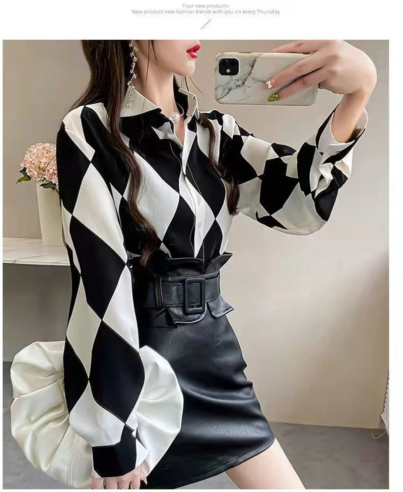 Shirt Women's Design Sense Niche Long-Sleeved Blousers 2025 Spring And Autumn Korean Retro Buttton Chiffon Shirt Top Printed 102