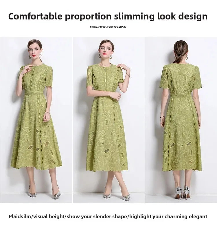 Elegant Lace Sleeve Midi Dress Women's round Neck Gored Skirt Short Sleeve Slimming Summer New Style Vintage High-End Feeling