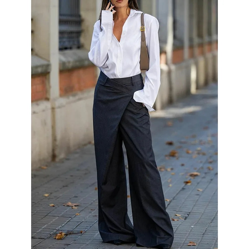 Trendy Women's Solid Color Commuter Pants 2025 Autumn New High Waist Asymmetric Wide Leg Trousers Casual Streetwear Pants