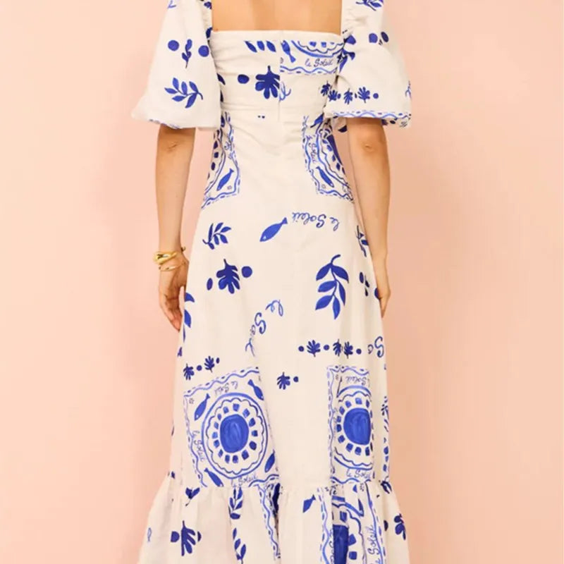 Summer Dress Elegant Women Flower Printed Maxi Dress High Waisted Short Sleeve Square Collar 2025 Summer Fashion Holiday Dresses