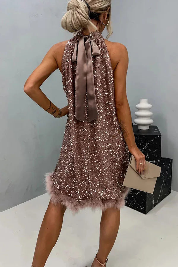 Sexy Lady Patchwork Sequins Slim Dress Women Spring Summer Sleeveless Halter Dress 2025 Casual Lacing Up Party Club Solid Dress