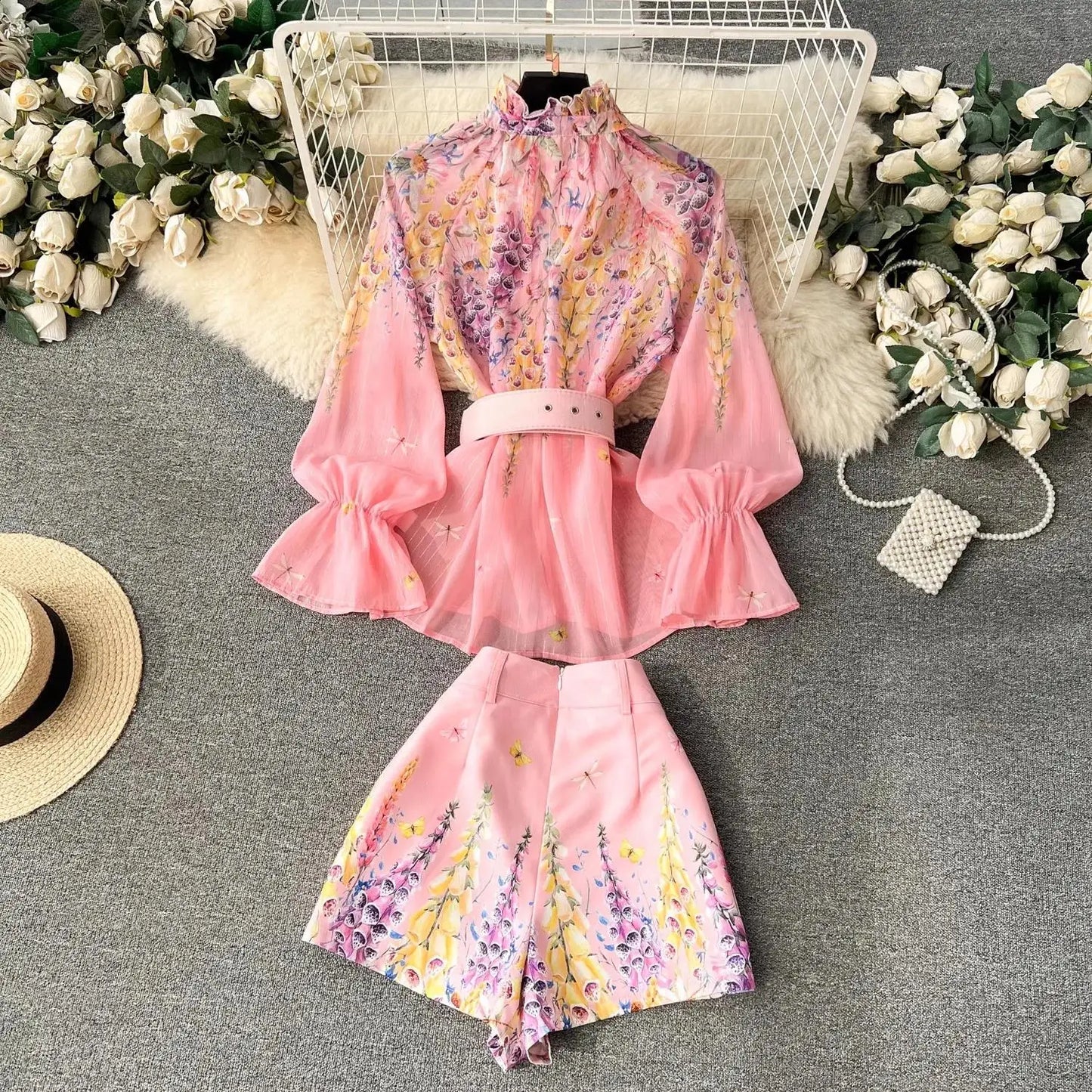 Women's Outfits Bright Silk Chiffon Shirt Blouse Top + Belt Shorts Two Piece Sets Summer Holidays Lavender Flower Shorts Suit