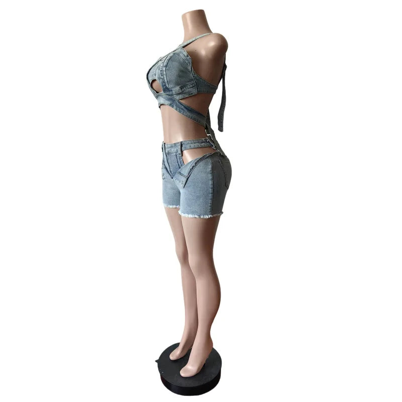 CM.YAYA Sexy Holiday Denim Women's Set Halter Neck Crop Tops and Ripped Out Shorts Jeans 2025 Summer Two 2 Piece Sets Outfit