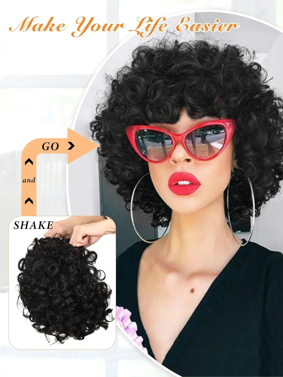 Curly Wigs for Black Women Short Kinky Curly Black Wigs for Women Big Curly Afro Soft Wig with Bangs Heat Resistant Natural Cute
