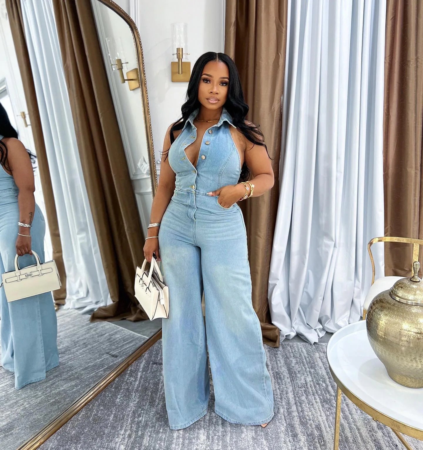 CM.YAYA Women Denim Sleeveless Single Breasted Wide Leg Jeans Jumpsuit Halter Neck Backless 2025 Summer One Piece Suit Playsuits