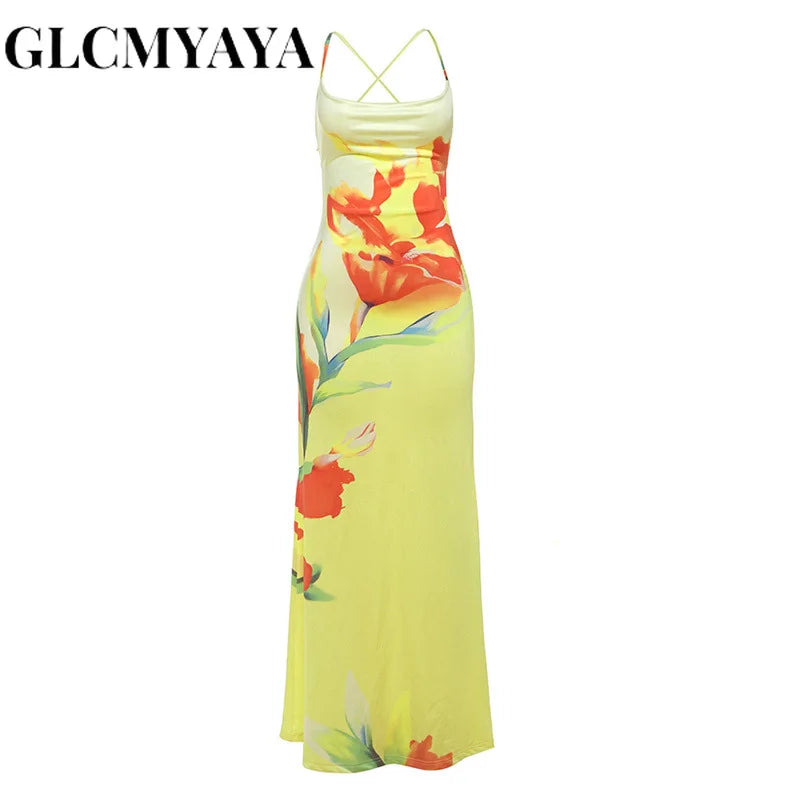 GLCMYAYA Women Floral Printed Bodycon Midi Backless Satin Maxi Long Dress 2025 Vacation Holiday Party Birthday Dresses Vestidos