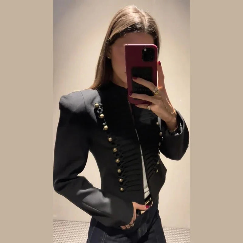 Chic Shoulder Padded Stand Collar Full Sleeve Blazer for Women