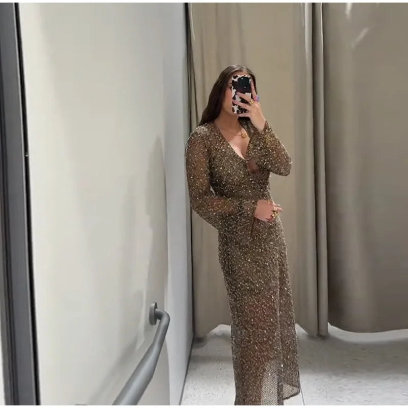 Sequin Maixi Dress Woman Deep V-neck Sparkling Lace Up Trumpet Sleeves Slim Long Dresses Sexy Perspective Party Women's Robe