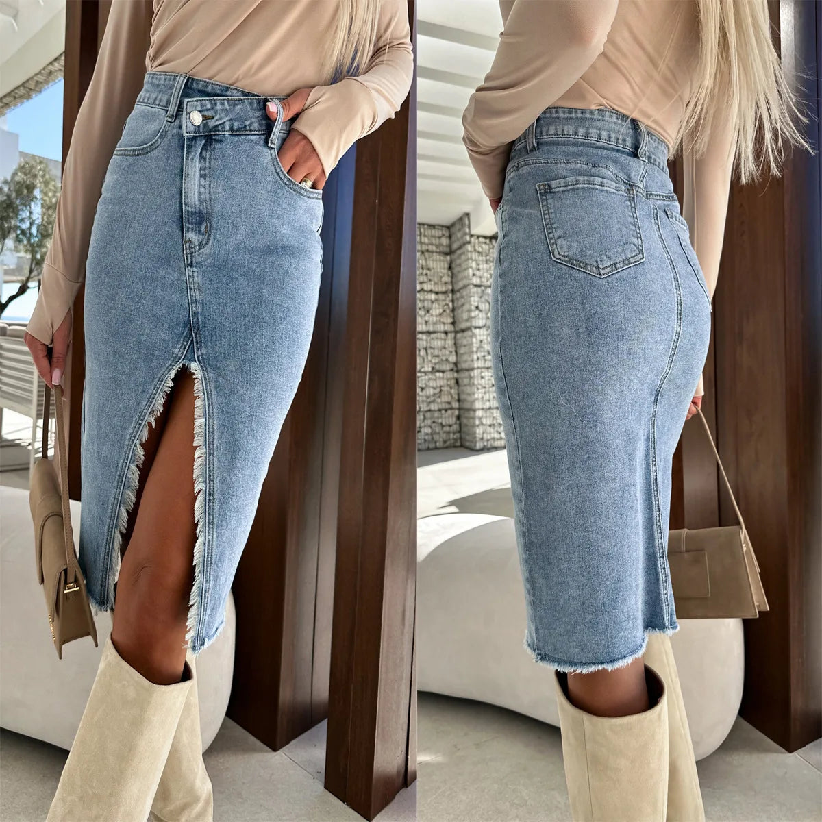 Denim Package Hip Skirt Sexy Pencil Y2K Fresh Sweet Denim Skirts Women Slit Fashionable Casual Solid Color Jeans Skirts